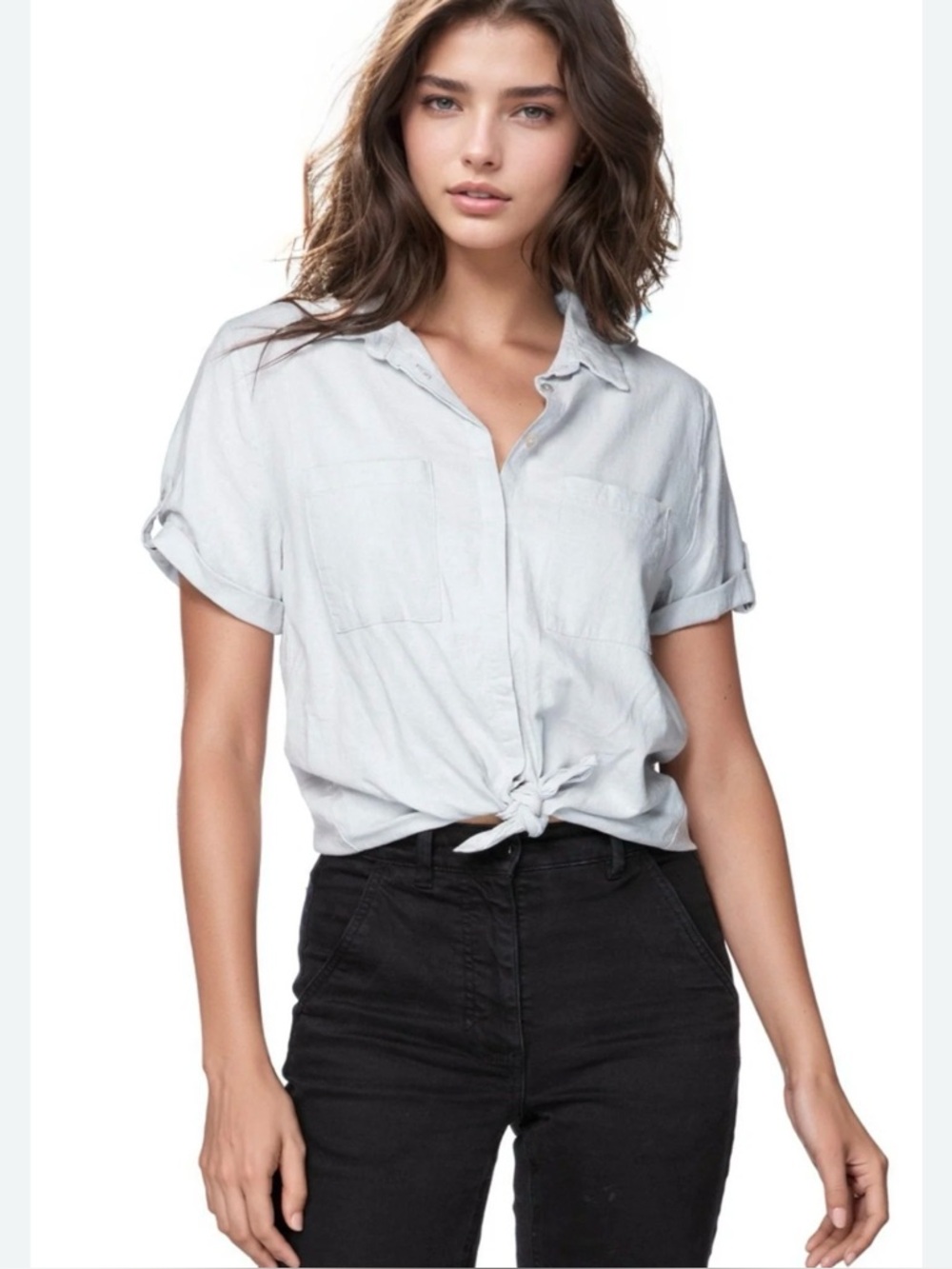 Light Gray Tie-Front Short Sleeve Shirt - Women